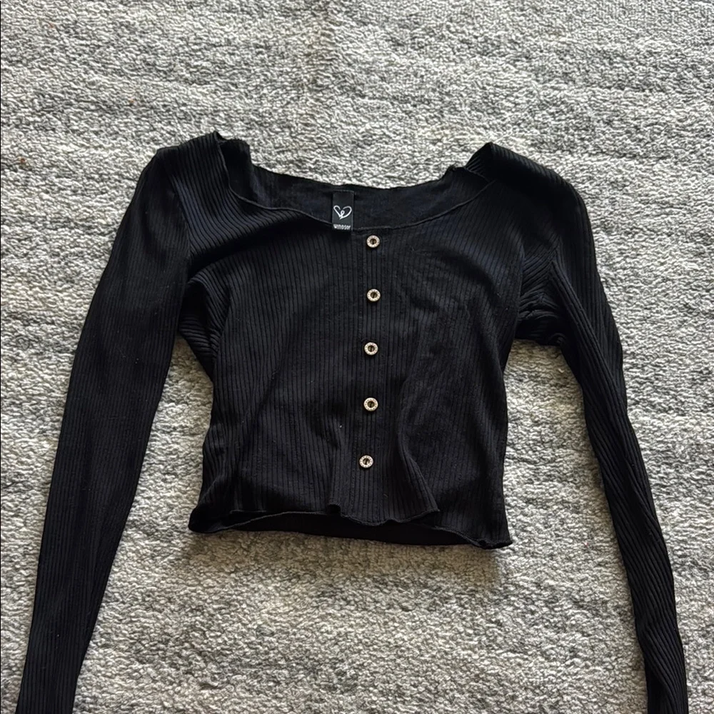 Black Ribbed Button-Up Top - Picture 1 of 2